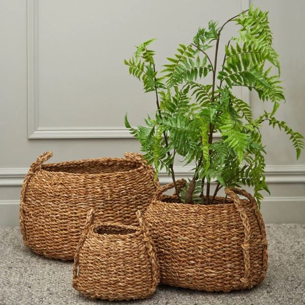 Bahçem Dekoratif Kulplu Seagrass Hasır Sepet Konik Yuvarlak 3'lü Takım Set