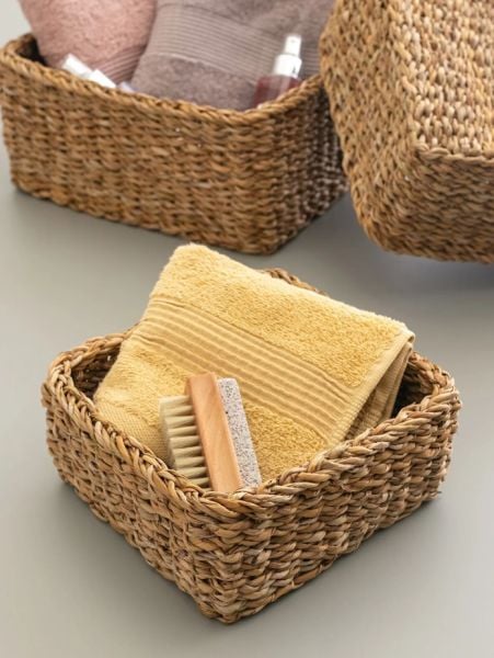 Bahçem Dekoratif Natural Renk Seagrass Dikdörtgen Hasır Sepet Düzenleyici 3'lü Set