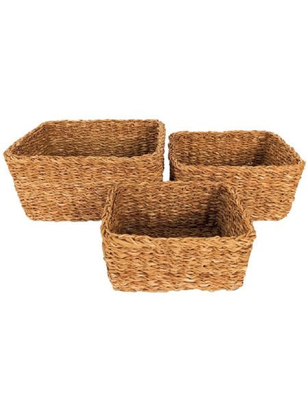 Bahçem Dekoratif Natural Renk Seagrass Dikdörtgen Hasır Sepet Düzenleyici 3'lü Set