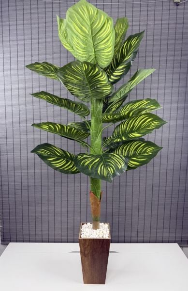 Bahçem Yapay Yapraklı Dua Çiçeği Tropik Sarı Şeritli Salon Bitkisi Konik Ahşap Saksılı 21 Yapraklı 150cm