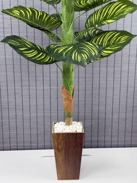 Bahçem Yapay Yapraklı Dua Çiçeği Tropik Sarı Şeritli Salon Bitkisi Konik Ahşap Saksılı 21 Yapraklı 150cm