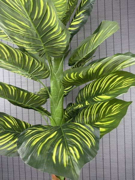 Bahçem Yapay Yapraklı Dua Çiçeği Tropik Sarı Şeritli Salon Bitkisi Ahşap Saksılı 21 Yapraklı 140 cm