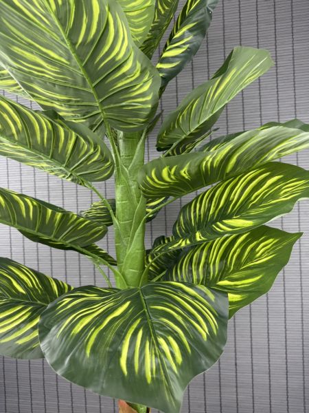 Bahçem Yapay Yapraklı Dua Çiçeği Tropik Sarı Şeritli Salon Bitkisi Ahşap Saksılı 21 Yapraklı 140 cm