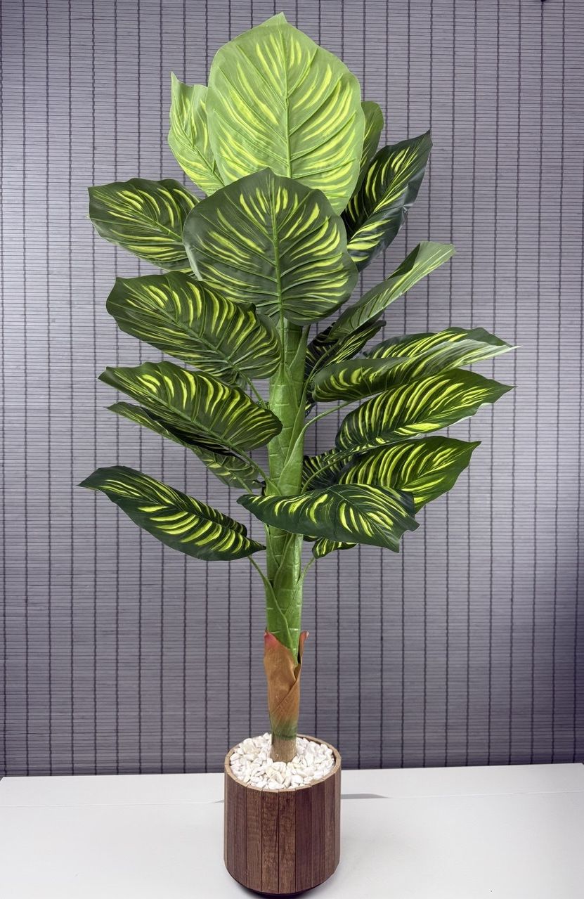 Bahçem Yapay Yapraklı Dua Çiçeği Tropik Sarı Şeritli Salon Bitkisi Ahşap Saksılı 21 Yapraklı 140 cm