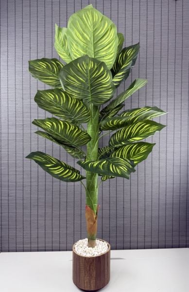 Bahçem Yapay Yapraklı Dua Çiçeği Tropik Sarı Şeritli Salon Bitkisi Ahşap Saksılı 21 Yapraklı 140 cm