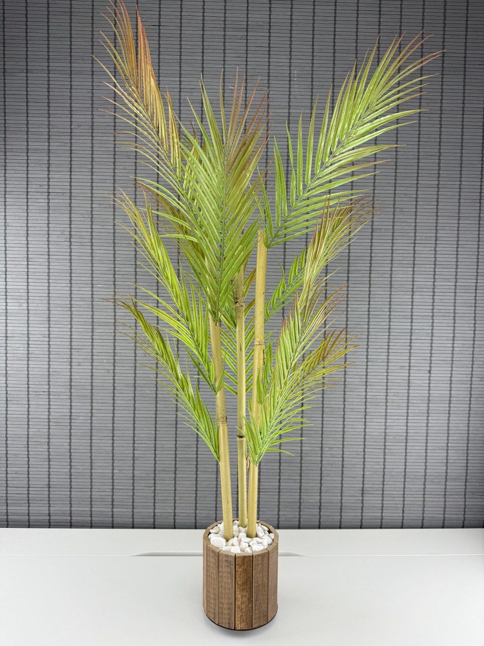 Bahçem Dekoratif Yapay Yapraklı Areka Palmiye Ağacı Ahşap Saksılı 3 Gövde 90cm