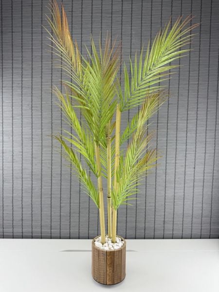 Bahçem Dekoratif Yapay Yapraklı Areka Palmiye Ağacı Ahşap Saksılı 3 Gövde 90cm