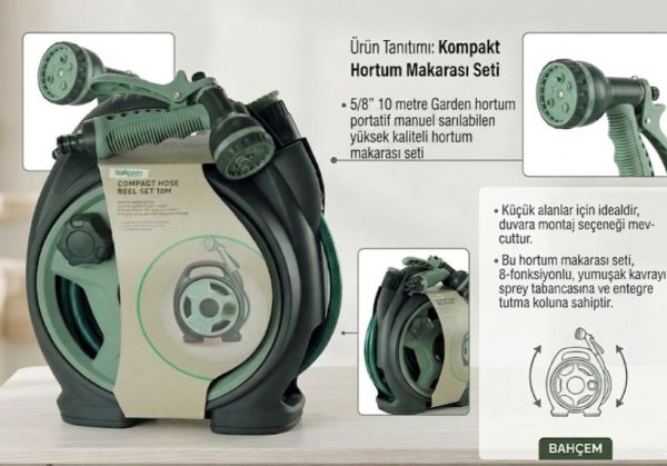 Balkon Tipi Hortum Makarası-Duvara Asılabilen 5/8'' 10mt Hortumlu - 8 Fonksiyon Tabanca Hediyeli