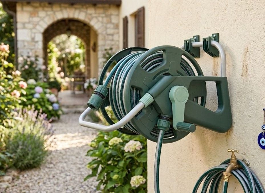 Bahçem Premium Kalite Sehpalı Hortum Toplama Makarası Seti 25mt Garden Hortumlu+ 6 Parça Tabanca Seti