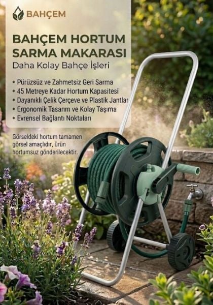 Bahçem Premium Kalite Sehpalı Hortum Toplama Makarası 1/2'' 60mt Hortum Kapasiteli (Hortumsuz)