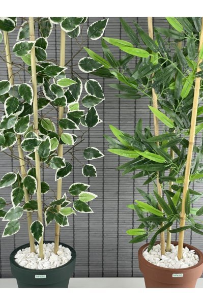 Bahçem Yapay Yoğun Yapraklı Benjamin Ağacı 110cm ve Yapay Bambu Ağacı 110cm Fulya Saksılı 2'li