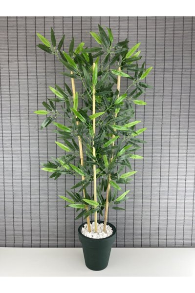 Yapay Yoğun Yapraklı Dekoratif Bambu Ağacı Yeşil Fulya Saksılı 3 Gövde 110cm