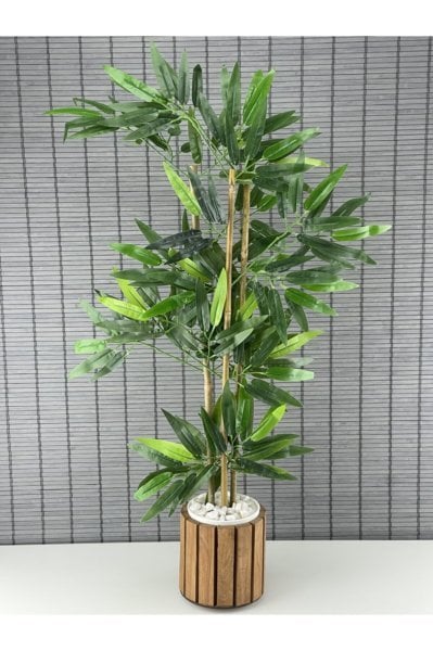 Bahçem Yapay Yoğun Yapraklı Dekoratif Bambu Ağacı Ahşap Saksılı 3 Gövde 80cm