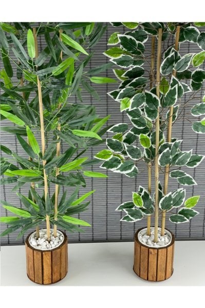 Bahçem Yapay Bambu Ağacı Ahşap Saksılı 100cm-yapay Benjamin Ağacı Ahşap Saksılı 100cm Yoğun Yapraklı 2 Adet