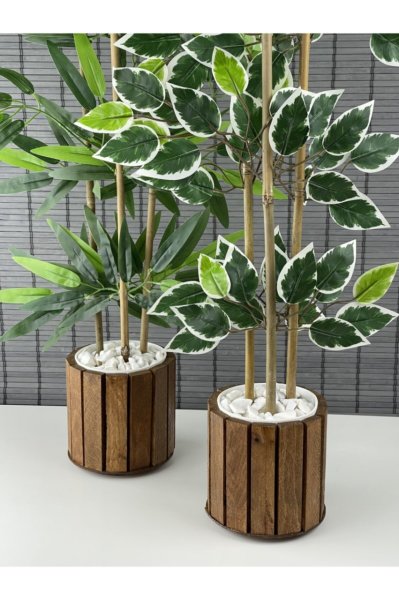 Bahçem Yapay Bambu Ağacı Ahşap Saksılı 100cm-yapay Benjamin Ağacı Ahşap Saksılı 100cm Yoğun Yapraklı 2 Adet