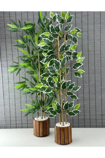 Bahçem Yapay Bambu Ağacı Ahşap Saksılı 100cm-yapay Benjamin Ağacı Ahşap Saksılı 100cm Yoğun Yapraklı 2 Adet