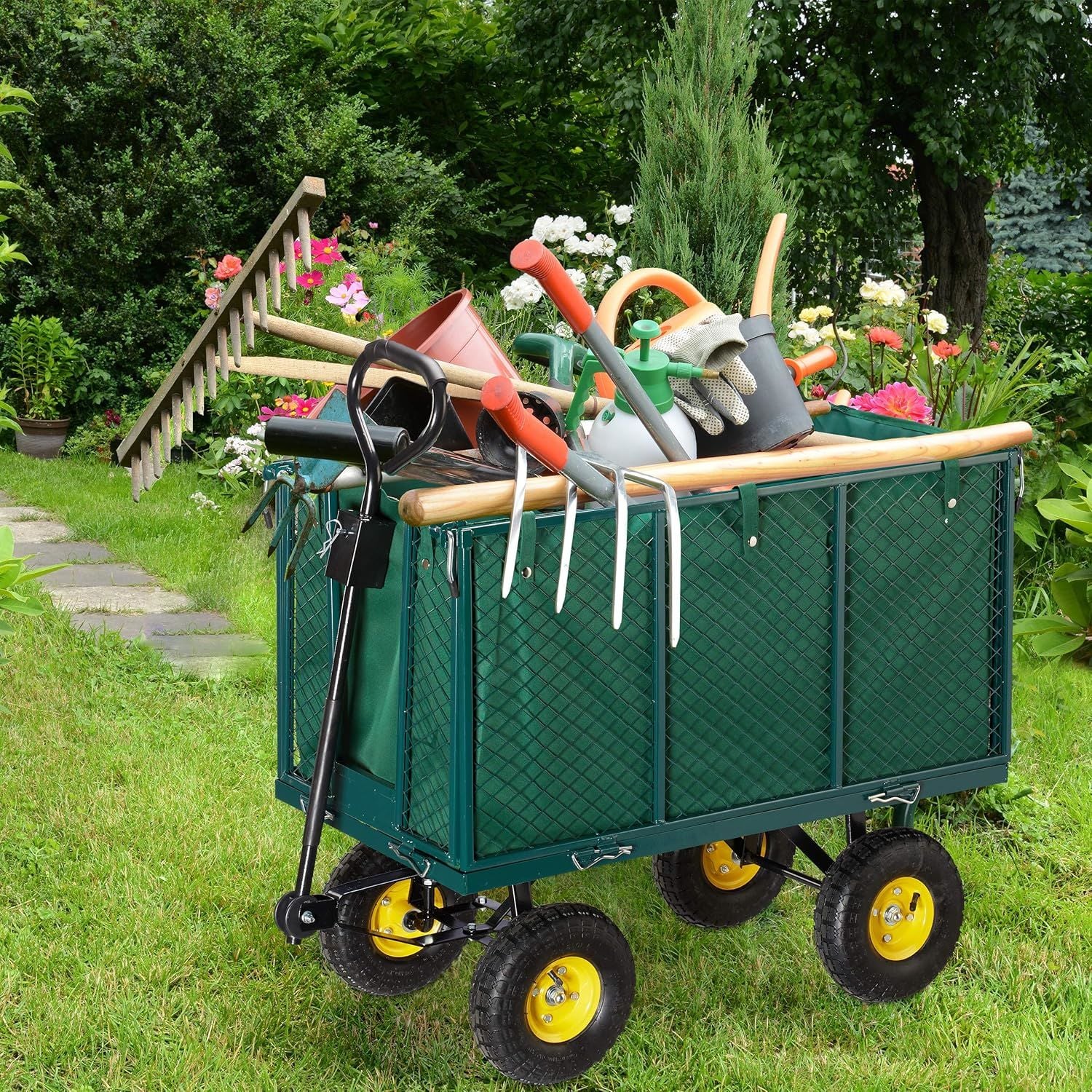 Bahçem Havalı 4 Tekerlekli Metal Yük Taşıma Arabası Yüksek Sepetli