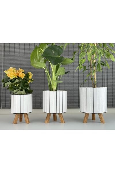 Bahçem Ayaklı Ahşap 3'lü Dekoratif Yuvarlak Saksı Seti Beyaz İç Saksılı Uslu Ticaret Tasarımı