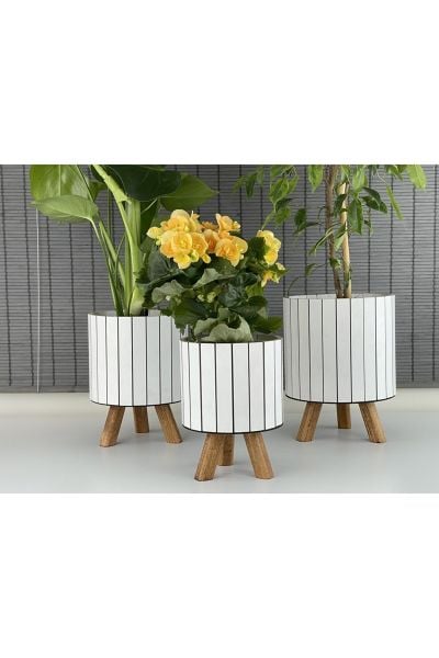 Bahçem Ayaklı Ahşap 3'lü Dekoratif Yuvarlak Saksı Seti Beyaz İç Saksılı Uslu Ticaret Tasarımı