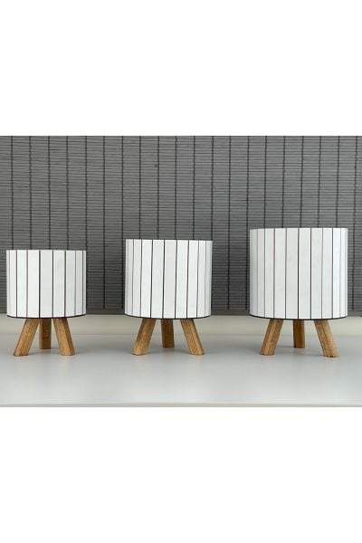 Bahçem Ayaklı Ahşap 3'lü Dekoratif Yuvarlak Saksı Seti Beyaz İç Saksılı Uslu Ticaret Tasarımı (Çiçeksiz)