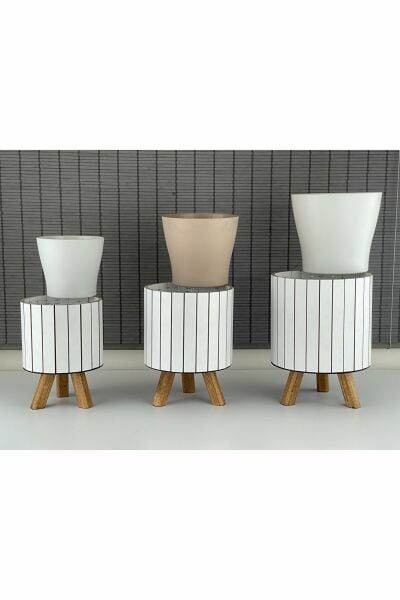 Bahçem Ayaklı Ahşap 3'lü Dekoratif Yuvarlak Saksı Seti Beyaz İç Saksılı Uslu Ticaret Tasarımı