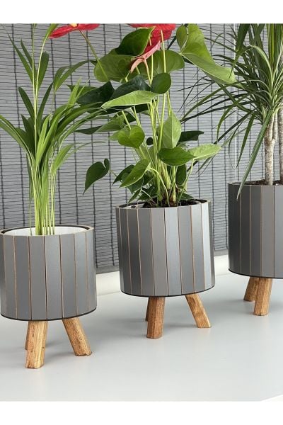 Bahçem Ayaklı Ahşap 3'lü Dekoratif Yuvarlak Saksı Seti Antrasit İç Saksılı Uslu Ticaret Tasarımı