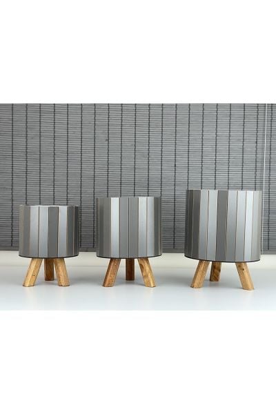 Bahçem Ayaklı Ahşap 3'lü Dekoratif Yuvarlak Saksı Seti Antrasit İç Saksılı Uslu Ticaret Tasarımı