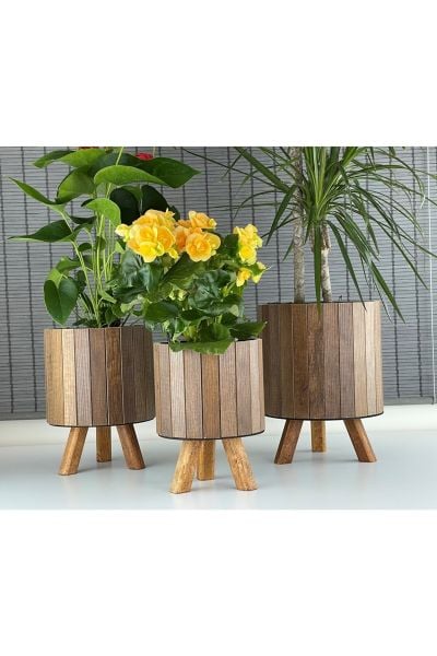 Bahçem Ayaklı Ahşap 3'lü Dekoratif Yuvarlak Saksı Seti Çam Rengi İç Saksılı Uslu Ticaret Tasarımı (Çiçeksiz))