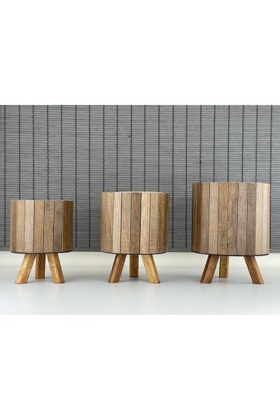 Bahçem Ayaklı Ahşap 3'lü Dekoratif Yuvarlak Saksı Seti Çam Rengi İç Saksılı Uslu Ticaret Tasarımı