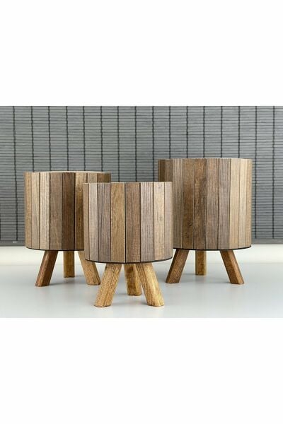 Bahçem Ayaklı Ahşap 3'lü Dekoratif Yuvarlak Saksı Seti Çam Rengi İç Saksılı Uslu Ticaret Tasarımı (Çiçeksiz))