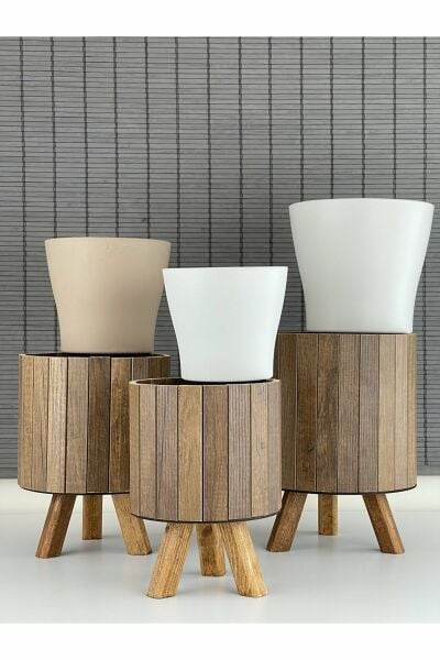 Bahçem Ayaklı Ahşap 3'lü Dekoratif Yuvarlak Saksı Seti Çam Rengi İç Saksılı Uslu Ticaret Tasarımı