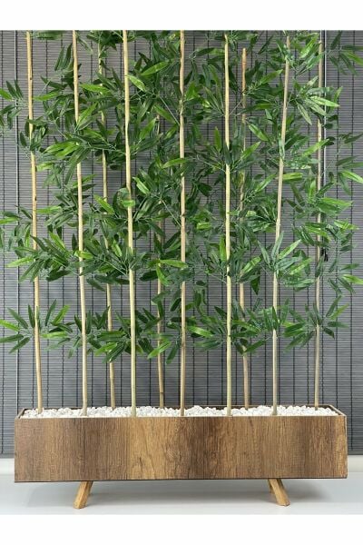 Bahçem Ahşap Saksılı 1 Mt Ayaklı Dikdörtgen Model Yapay Yapraklı Dekoratif Bambu Seperatör 180 cm 10 Gövde