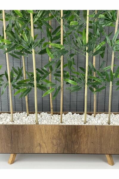 Bahçem Ahşap Saksılı 1 Mt Ayaklı Dikdörtgen Model Yapay Yapraklı Dekoratif Bambu Seperatör 180 cm 10 Gövde