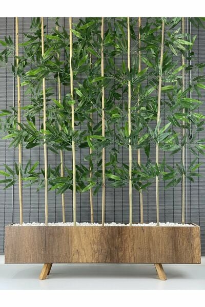 Bahçem Ahşap Saksılı 1 Mt Ayaklı Dikdörtgen Model Yapay Yapraklı Dekoratif Bambu Seperatör 180 cm 10 Gövde