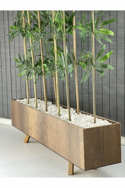 Bahçem Ahşap Saksılı 1 Mt Ayaklı Dikdörtgen Model Yapay Yapraklı Dekoratif Bambu Seperatör 180 cm 10 Gövde