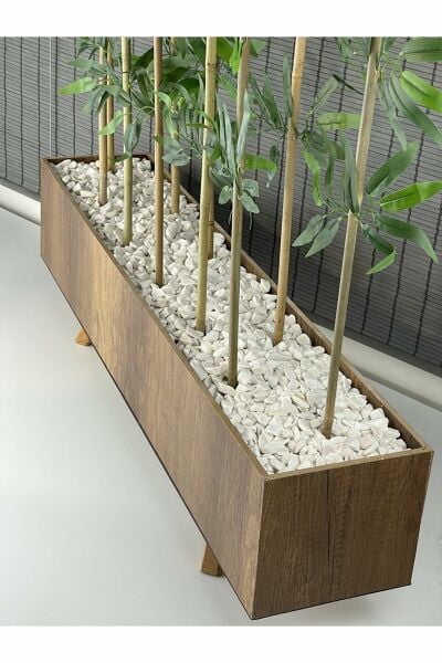 Bahçem Ahşap Saksılı 1 Mt Ayaklı Dikdörtgen Model Yapay Yapraklı Dekoratif Bambu Seperatör 180 cm 10 Gövde