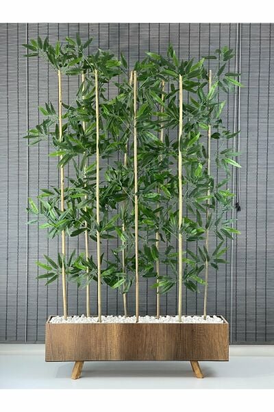 Bahçem Ahşap Saksılı 80cm Ayaklı Dikdörtgen Model Yapay Yapraklı Dekoratif Bambu Seperatör 150cm 8 Gövde