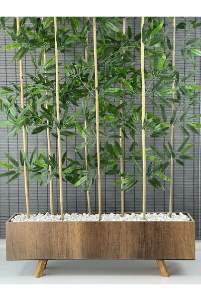 Bahçem Ahşap Saksılı 80cm Ayaklı Dikdörtgen Model Yapay Yapraklı Dekoratif Bambu Seperatör 150cm 8 Gövde