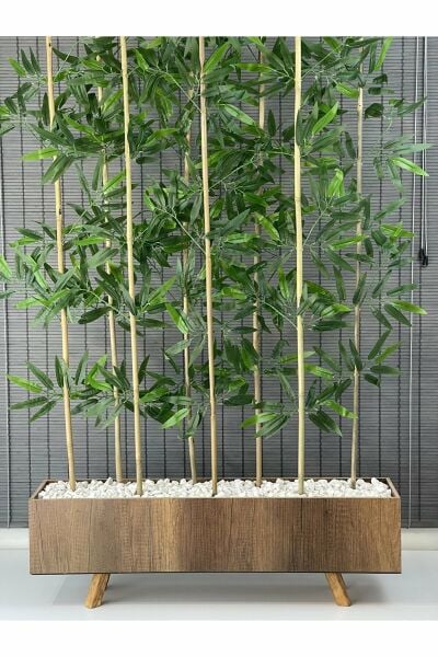 Bahçem Ahşap Saksılı 80cm Ayaklı Dikdörtgen Model Yapay Yapraklı Dekoratif Bambu Seperatör 150cm 8 Gövde