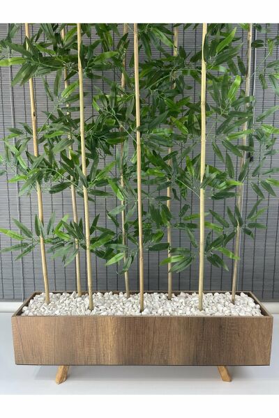Bahçem Ahşap Saksılı 80cm Ayaklı Dikdörtgen Model Yapay Yapraklı Dekoratif Bambu Seperatör 150cm 8 Gövde