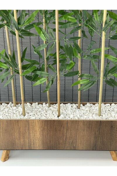 Bahçem Ahşap Saksılı 80cm Ayaklı Dikdörtgen Model Yapay Yapraklı Dekoratif Bambu Seperatör 150cm 8 Gövde