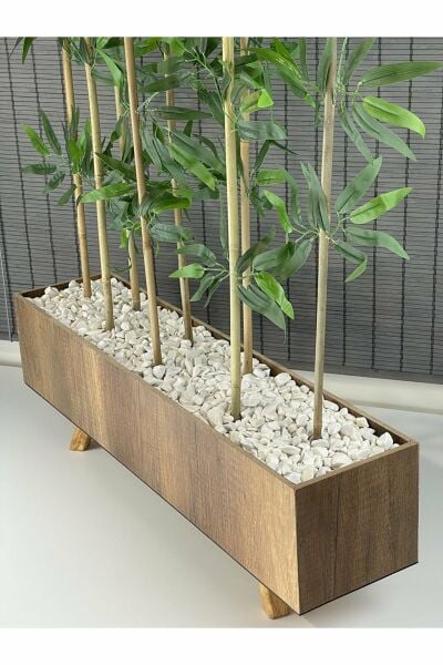 Bahçem Ahşap Saksılı 80cm Ayaklı Dikdörtgen Model Yapay Yapraklı Dekoratif Bambu Seperatör 150cm 8 Gövde