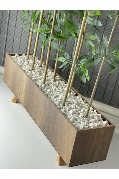 Bahçem Ahşap Saksılı 80cm Ayaklı Dikdörtgen Model Yapay Yapraklı Dekoratif Bambu Seperatör 150cm 8 Gövde