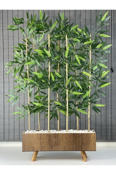 Bahçem Ahşap Saksılı 60cm Ayaklı Dikdörtgen Model Yapay Yapraklı Dekoratif Bambu Seperatör 125cm 7 Gövde