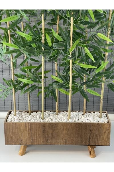 Bahçem Ahşap Saksılı 60cm Ayaklı Dikdörtgen Model Yapay Yapraklı Dekoratif Bambu Seperatör 125cm 7 Gövde