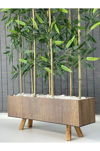 Bahçem Ahşap Saksılı 60cm Ayaklı Dikdörtgen Model Yapay Yapraklı Dekoratif Bambu Seperatör 125cm 7 Gövde