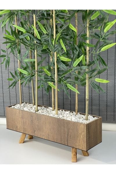 Bahçem Ahşap Saksılı 60cm Ayaklı Dikdörtgen Model Yapay Yapraklı Dekoratif Bambu Seperatör 125cm 7 Gövde