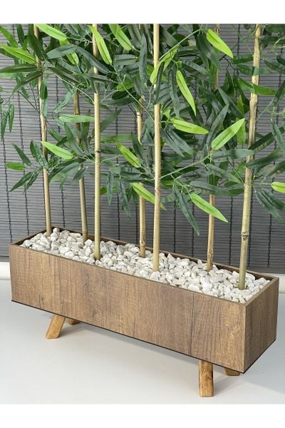 Bahçem Ahşap Saksılı 60cm Ayaklı Dikdörtgen Model Yapay Yapraklı Dekoratif Bambu Seperatör 125cm 7 Gövde