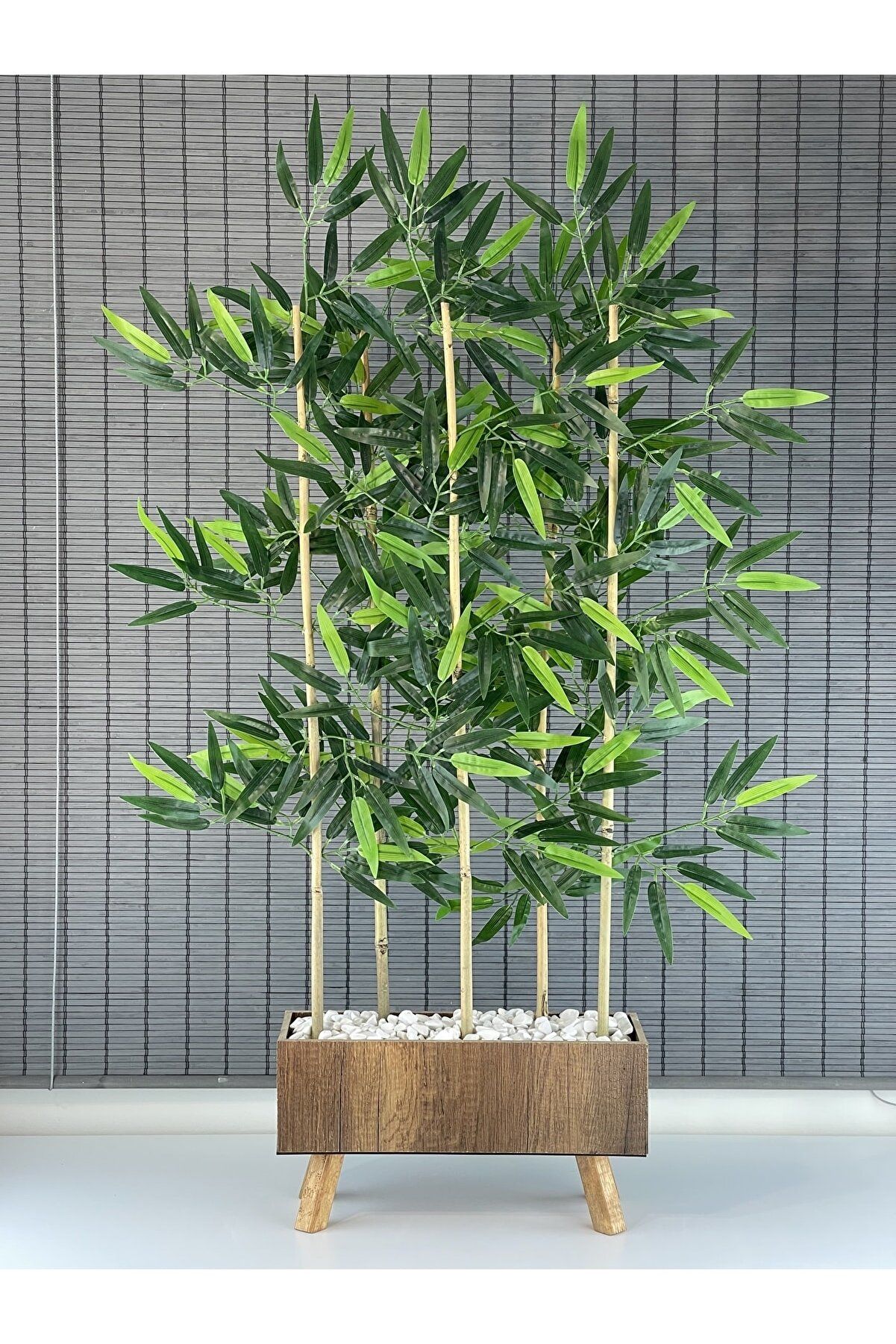 Bahçem Ahşap Saksılı 40cm Ayaklı Dikdörtgen Model Yapay Yapraklı Dekoratif Bambu Seperatör 125cm 5 Gövde