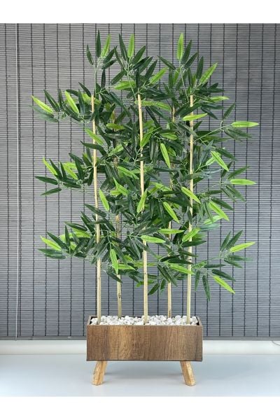 Bahçem Ahşap Saksılı 40cm Ayaklı Dikdörtgen Model Yapay Yapraklı Dekoratif Bambu Seperatör 125cm 5 Gövde